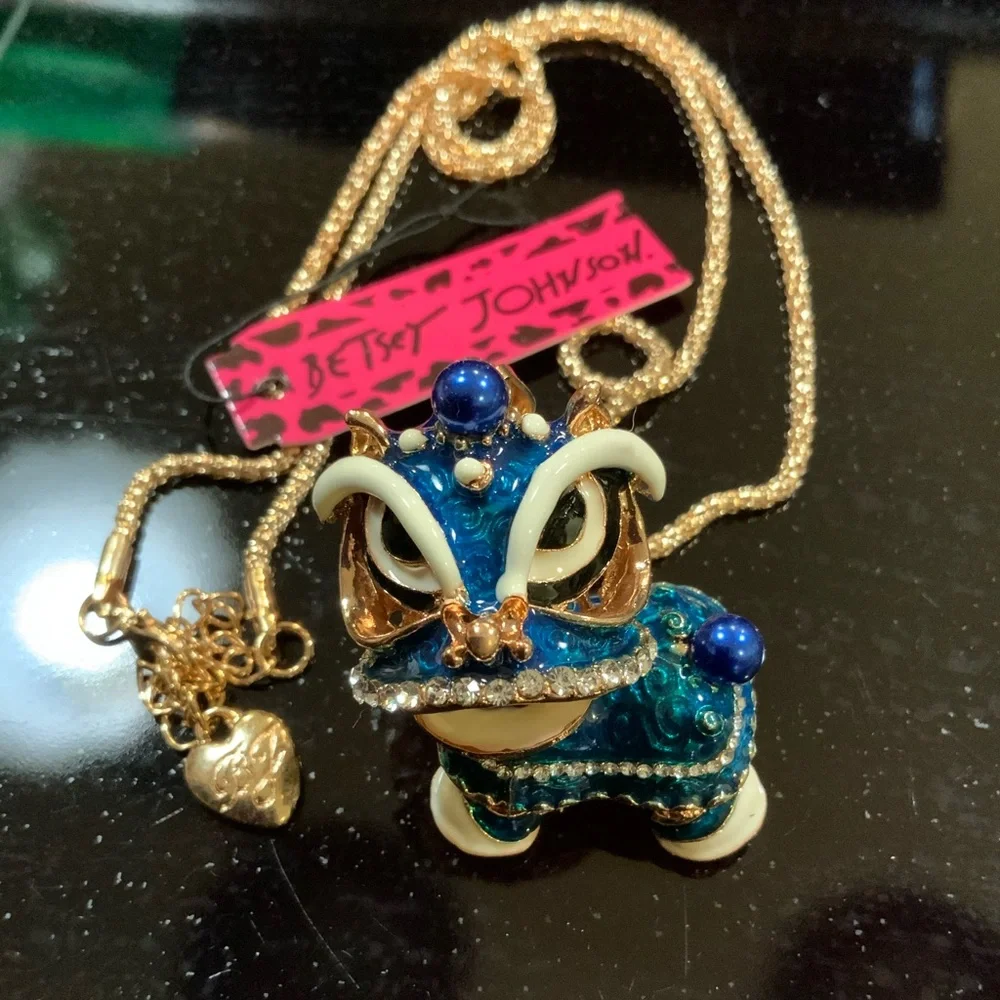 Betsey Johnson Necklace Foo Dog Blue Rhinestones Gold Tone #N551